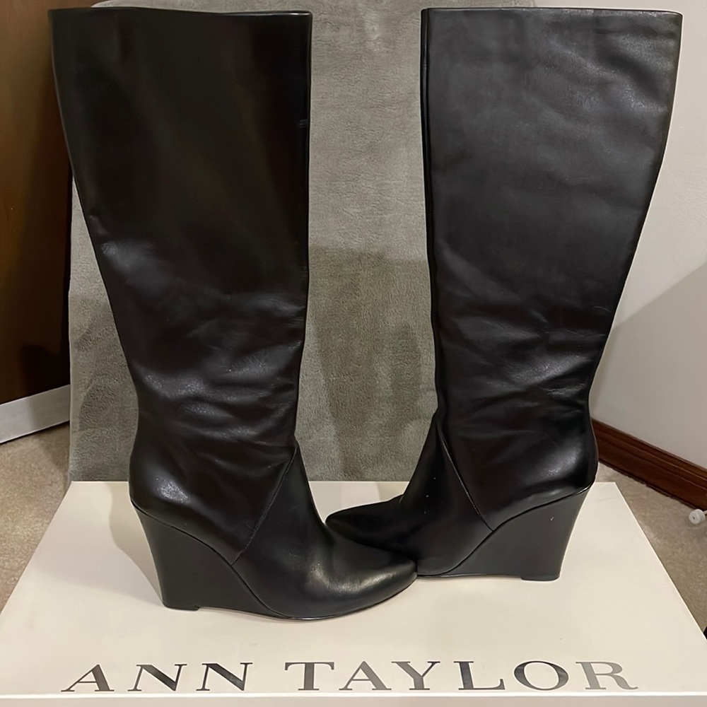 Ann Taylor Black Leather Wedge Knee-High Boots